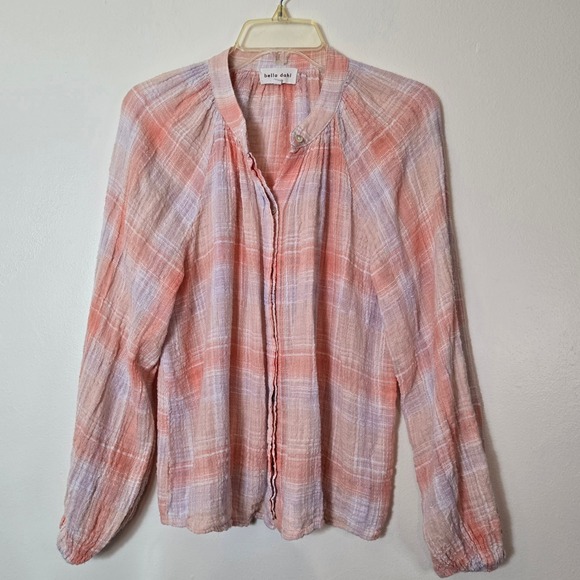 Bella Dahl Tops - Bella Dahl Womens Plaid Button Front Blouse Peach Lavender Cotton Rayon Large